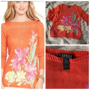 Lauren Ralph Lauren Orange Floral Knit Sweater.